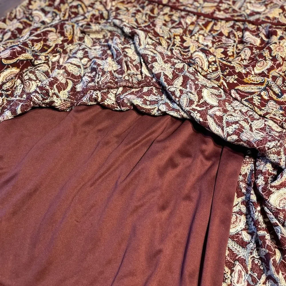 Wonderly Burgundy Floral Tiered Midi Skirt Size M Boho Fall